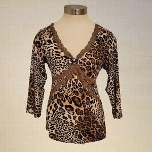 Ambrielle Small Y2K Leopard Print Lace Trim Deep V-Neck Tie Waist Top